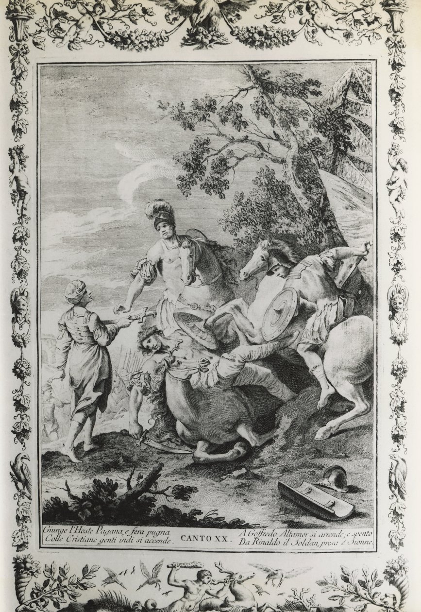 Jeruzsálem elszabadult, XX. ének, Giovanni Battista Piazzetta (1683-1754) illusztrációja Torquato Tasso (1544-1595) verséhez, 1745-ben Velencében kiadott kiadás, Itália alkotó: Giovanni Battista Piazzetta