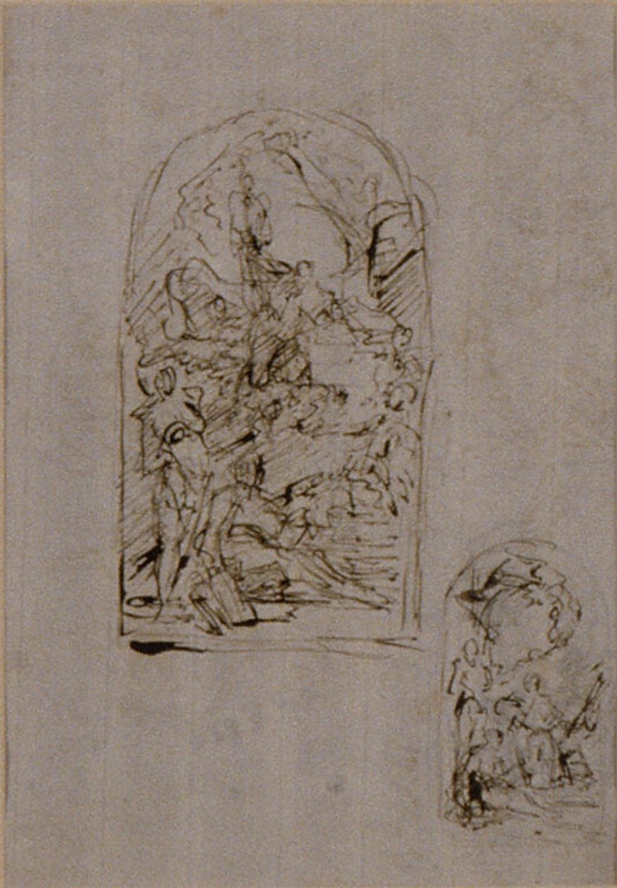 Vázlatok egy oltárhoz Cortonai Szent Margit, Szent Sebestyén és Szent Rókus ábrázolásával (recto); Két vázlat egy oltárhoz (verso). alkotó: Giovanni Battista Piazzetta