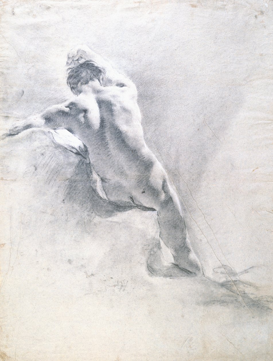 Tanulmány egy férfi aktról, 1715 körül (fekete kréta fehérrel kiemelve a papíron) alkotó: Giovanni Battista Piazzetta