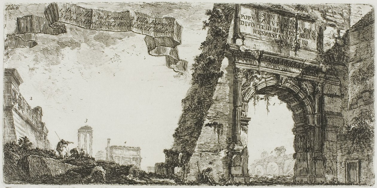 1. Titus íve. 2. Farnese villa. 3. A Jupiter Stator templomának oszlopai [a támogató]. 4. Septimius Severus boltíve. 5. Béke temploma, hatodik tábla a diadalívek és más emlékművek néhány nézetéből alkotó: Giovanni Battista Piranesi