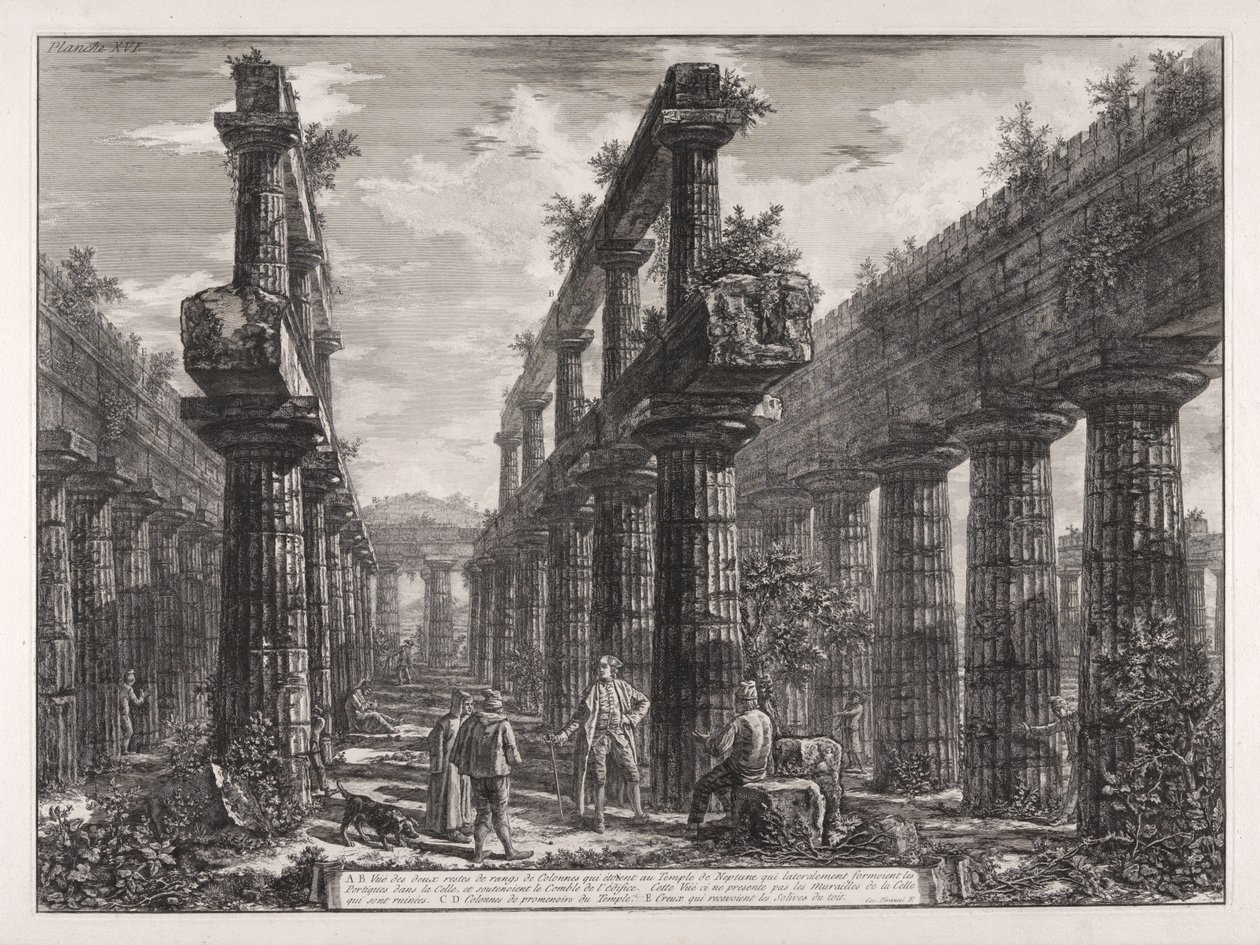 A., B. A Neptunusz-templomban lévő két oszlopsor maradványainak látképe, amelyek oldalt a cella oszlopcsarnokait alkották, és az épület tetőzetét tartották ... alkotó: Giovanni Battista Piranesi