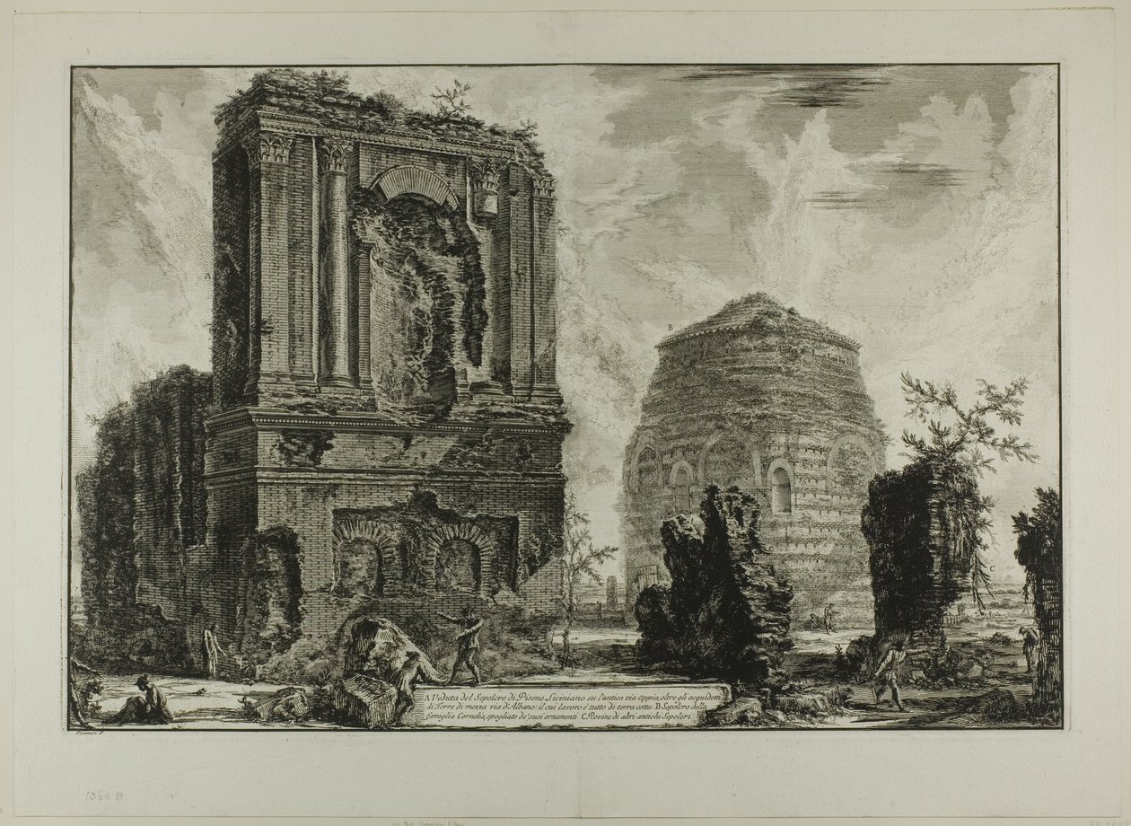 A. Kilátás Licinianus Piso sírjáról az ókori Appian úton... B. Cornelii sírja..., Róma látképéből alkotó: Giovanni Battista Piranesi