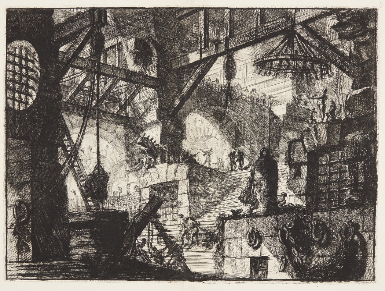 A lépcső közepén egy grillezett és rusztikus ablak áll, nehéz láncok csoportjaival a falhoz. alkotó: Giovanni Battista Piranesi