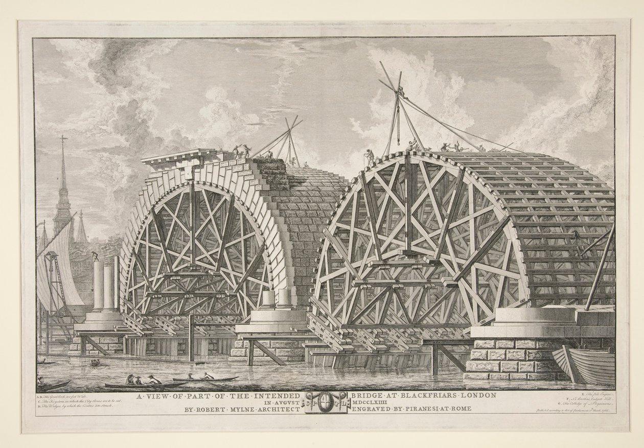 A tervezett híd egy részének a londoni Blackfriarsben, augusztusban MDCCLXIIIII Robert Mylne, építész, metszett Piranesi Rómában alkotó: Giovanni Battista Piranesi
