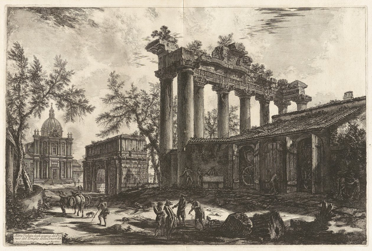 Altra Veduta degli avanzi del Pronao del Tempio del Concordia (egy másik nézet a Concord-templom Pronaos maradványairól [a Szaturnusz-templom Septimius Severus ívével a bal háttérben]), Vedute di Roma-ból (Róma látképe) alkotó: Giovanni Battista Piranesi
