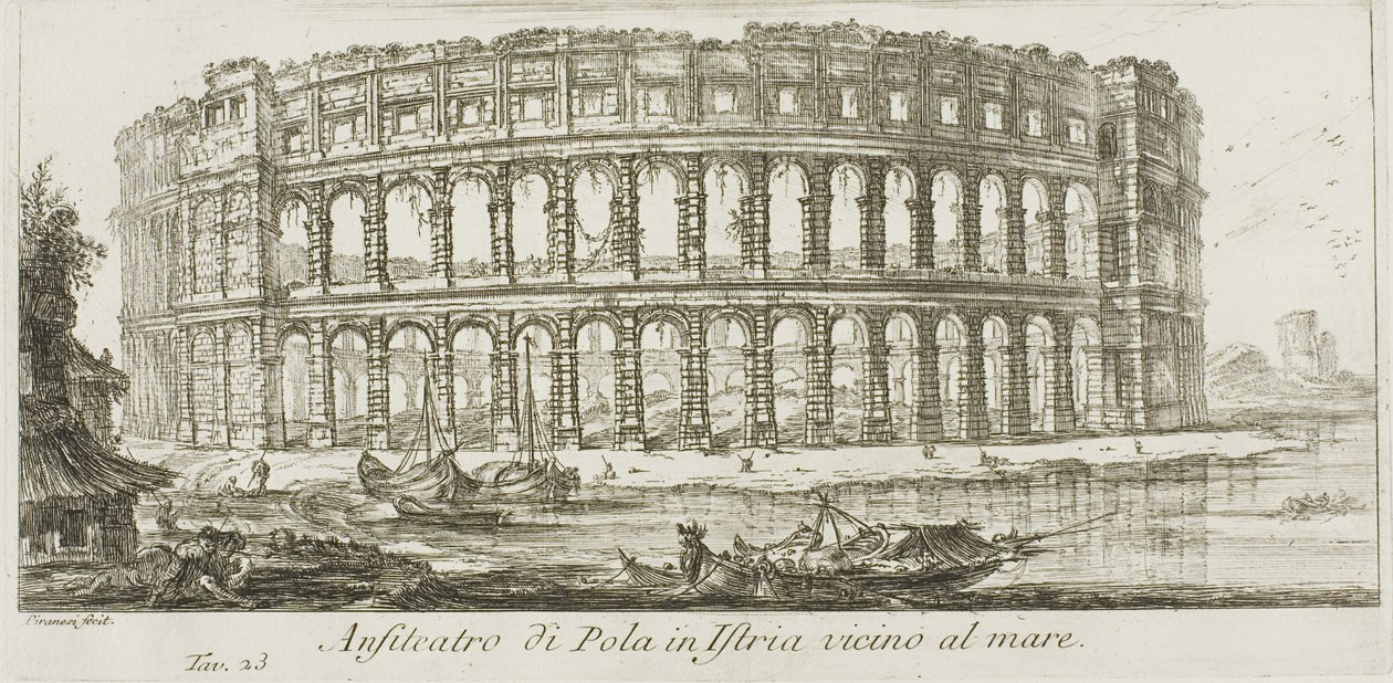 Pula amfiteátruma Isztria területén a tenger közelében, 23-as tábla a Diadalívek és más emlékek néhány kilátásából alkotó: Giovanni Battista Piranesi