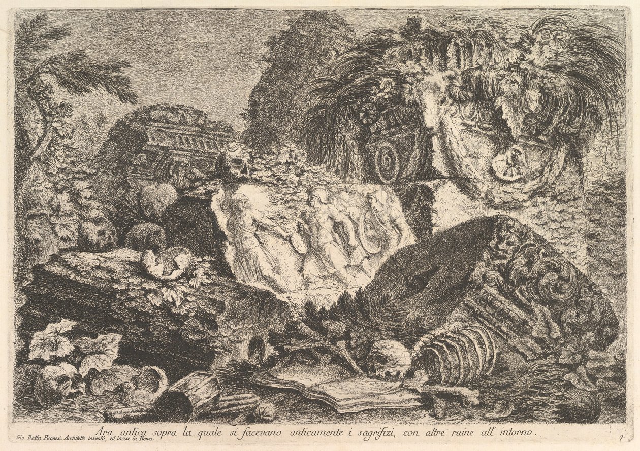 Ősi oltár, amelyen az ókorban áldoztak, más romokkal körülvéve..., kb. 1750. alkotó: Giovanni Battista Piranesi