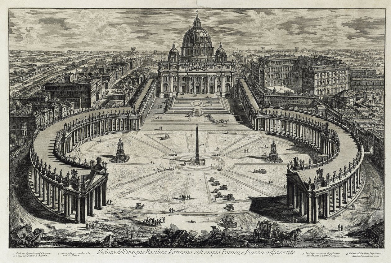 A tér és a vatikáni Szent Péter-bazilika látképe (innen: Vedute di Roma) alkotó: Giovanni Battista Piranesi
