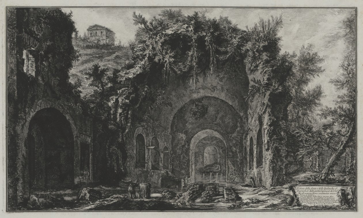 Egeria forrásának és barlangjának látképe a Porta Capenán kívül, avagy San Sebastiano, innen: Vedute di Roma alkotó: Giovanni Battista Piranesi