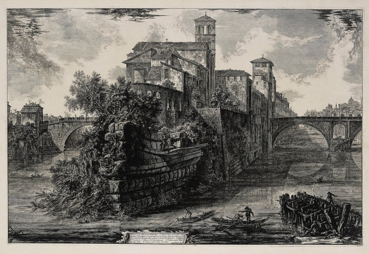 A Tiberis-sziget látképe (a Vedute di Roma című műből) alkotó: Giovanni Battista Piranesi
