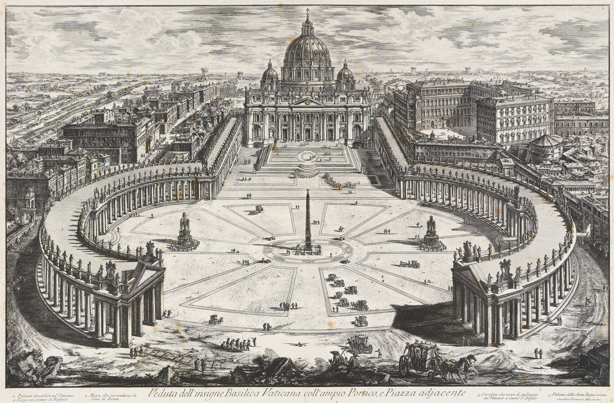 A híres vatikáni bazilika látképe széles oszlopcsarnokkal és a hozzá csatlakozó előtérrel alkotó: Giovanni Battista Piranesi