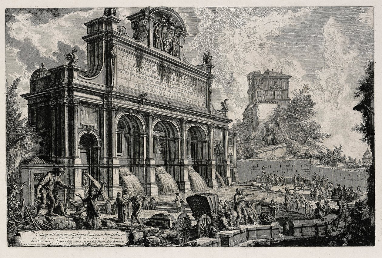 Az Acqua Paola forrás látképe a Gianicolón (a Vedute di Roma című műből) alkotó: Giovanni Battista Piranesi