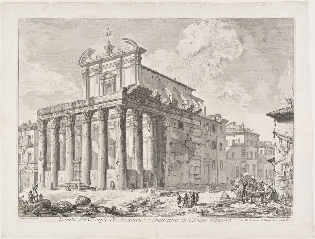 Antoninus és Faustina templomának látképe a Campo Vaccinón alkotó: Giovanni Battista Piranesi