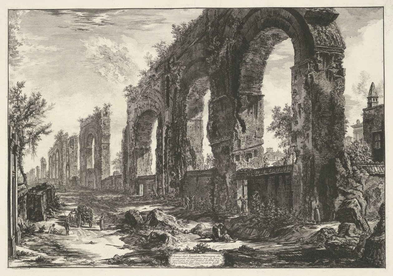 Aquaduct van Nero te Rome A neroni vízvezetékek maradványai, amelyeket idős korukra el akartak pusztítani (...) (cím a tárgyon) Gezichten op Rome (sorozat címe) Róma kilátását Giambattista Piranesi építész, Ve (nez) iano (ser) tervezte és metszett alkotó: Giovanni Battista Piranesi