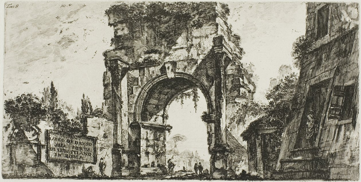 Drusus boltíve a Porta S. Sebastiano-nál Rómában, 8. tábla a Diadalívek és más emlékművek néhány kilátásából alkotó: Giovanni Battista Piranesi