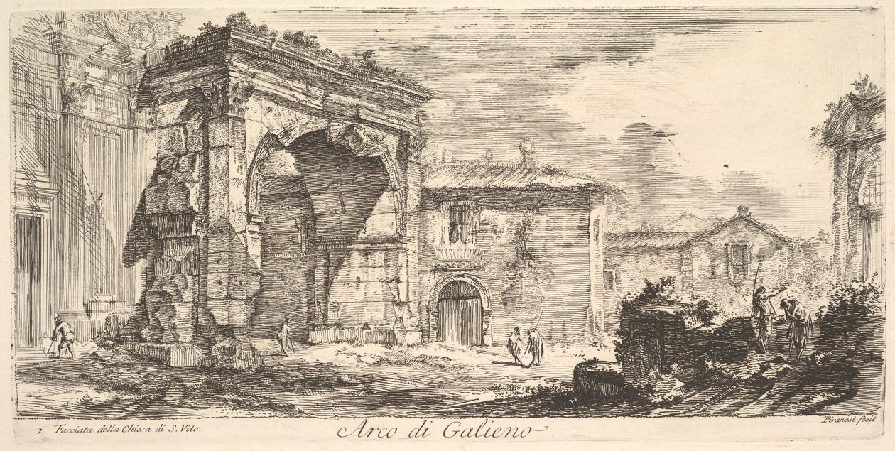 Gallienus boltíve. 1. S. Vito Arco di Galieno templom homlokzata. 1. A ... homlokzata, kb. 1748. alkotó: Giovanni Battista Piranesi