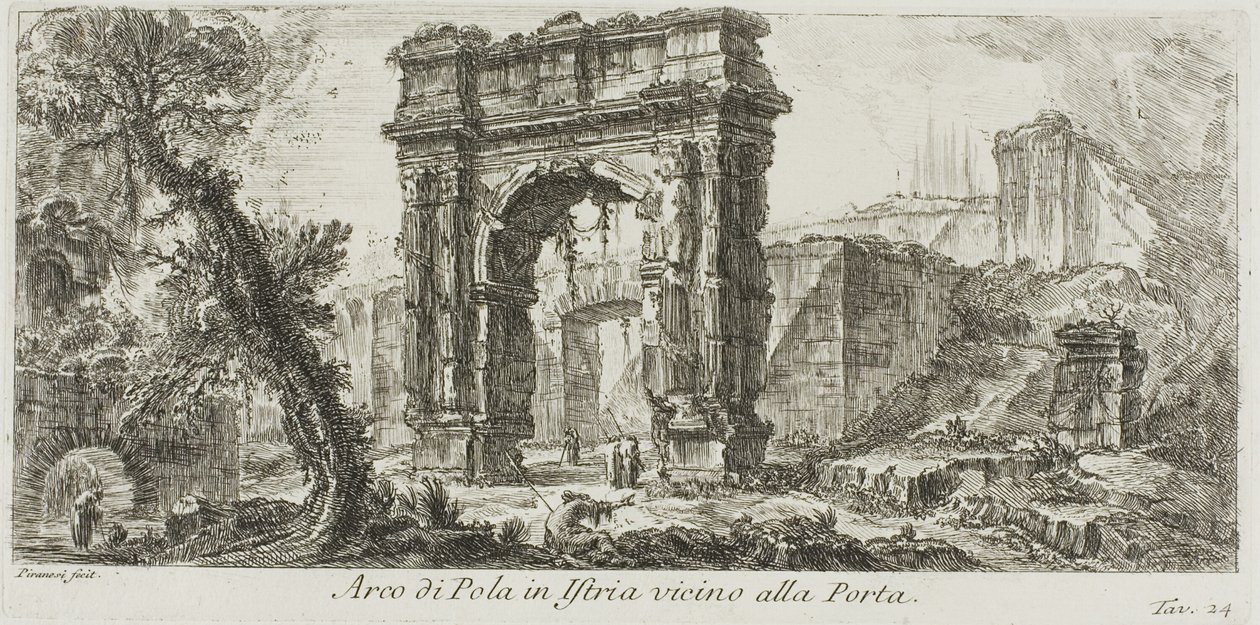 Pola íve Isztrián a kapu közelében, 24-es tábla a Diadalívek és más emlékművek néhány kilátásáról alkotó: Giovanni Battista Piranesi
