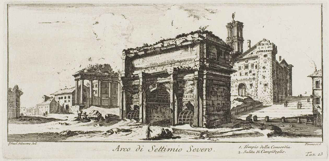Septimius Severus boltíve. 1. Egyetértés temploma. 2. Feljutás a Capitolium-hegyre, 13-as tábla a diadalívek és más emlékművek egyes kilátásairól alkotó: Giovanni Battista Piranesi