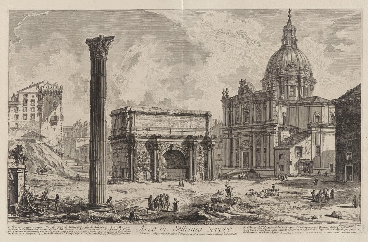 Septimius Severus diadalíve. Közepén haladt át az ókori Via Sacra, amely a győzteseket a Capitoliumra vezette (a Santi Martina e Luca templommal) alkotó: Giovanni Battista Piranesi