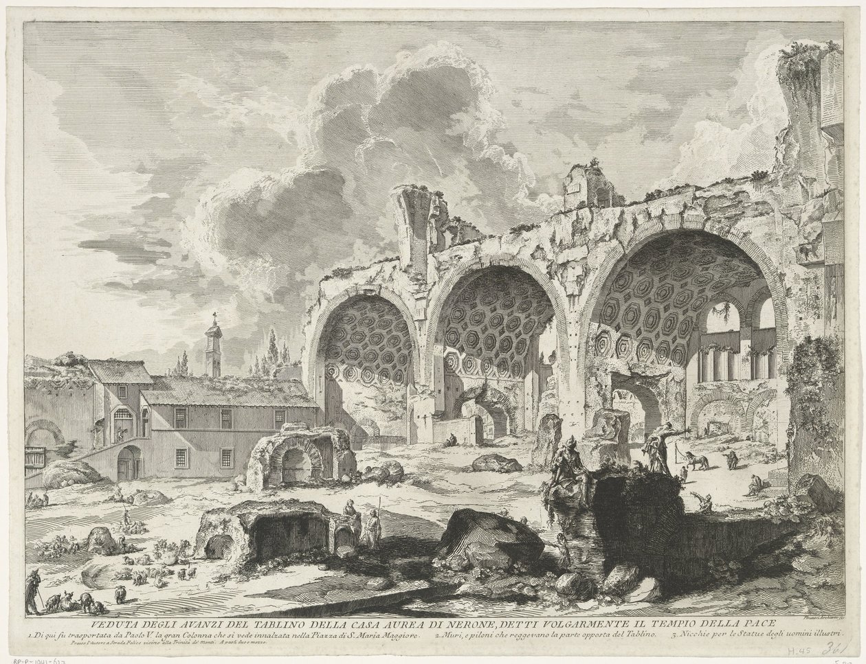 Bazilika van Maxentius te Róma Kilátás Néró Aranyházának Tablinójának maradványaira, közismert nevén a Béke Templomának (cím a tárgyon) Gezichten op Rome (sorozat címe) Róma látványát Giambattista Piranesi építész tervezte és vésette, V alkotó: Giovanni Battista Piranesi