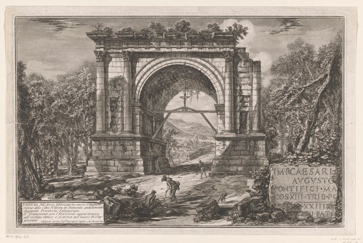 Boog van Augustus te Aosta Kilátás az Augustus tiszteletére épített boltívre, a piemonti Aosta város közelében, korábban Augusta Praetoria Salassorum (cím az objektumon) Enige gezichten op door Romeinen gebouwde triomfbogen en andere monumenten (sorozat alkotó: Giovanni Battista Piranesi
