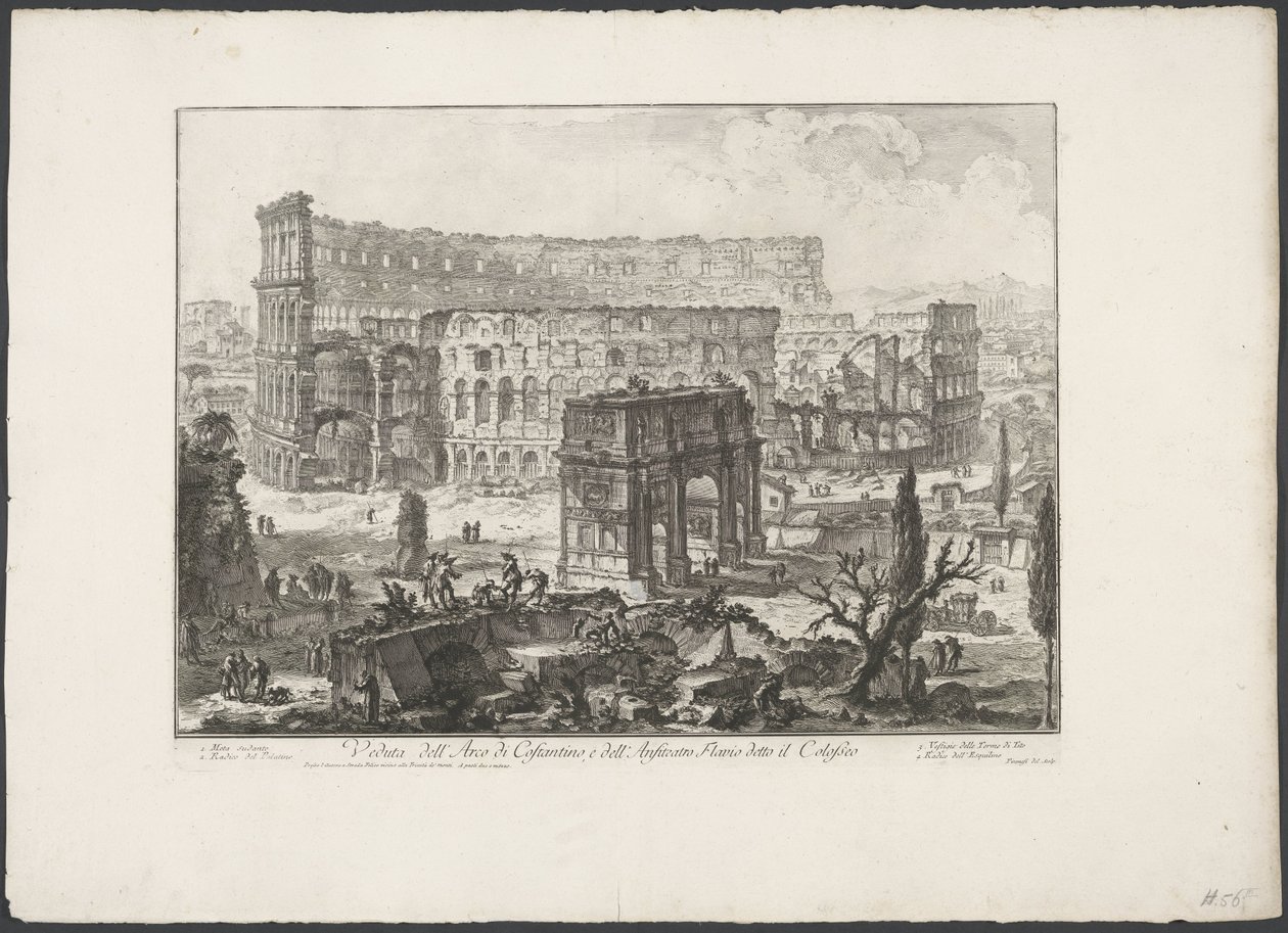 Boog van Constantijn a Colosseumban Rómában Kilátás Konstantin diadalívére és a Colosseumként ismert Flavius-amfiteátrumra (cím a tárgyon) Gezichten op Rome (sorozat címe) Róma kilátását Giambattista Piranesi építész, Ve (nez) ian tervezte és metszett alkotó: Giovanni Battista Piranesi