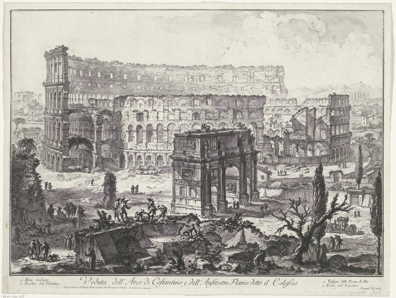 Boog van Constantijn a Colosseumban Rómában Kilátás Konstantin diadalívére és a Colosseumként ismert Flavius-amfiteátrumra (cím a tárgyon) Gezichten op Rome (sorozat címe) Róma kilátását Giambattista Piranesi építész, Ve (nez) ian tervezte és vésette alkotó: Giovanni Battista Piranesi