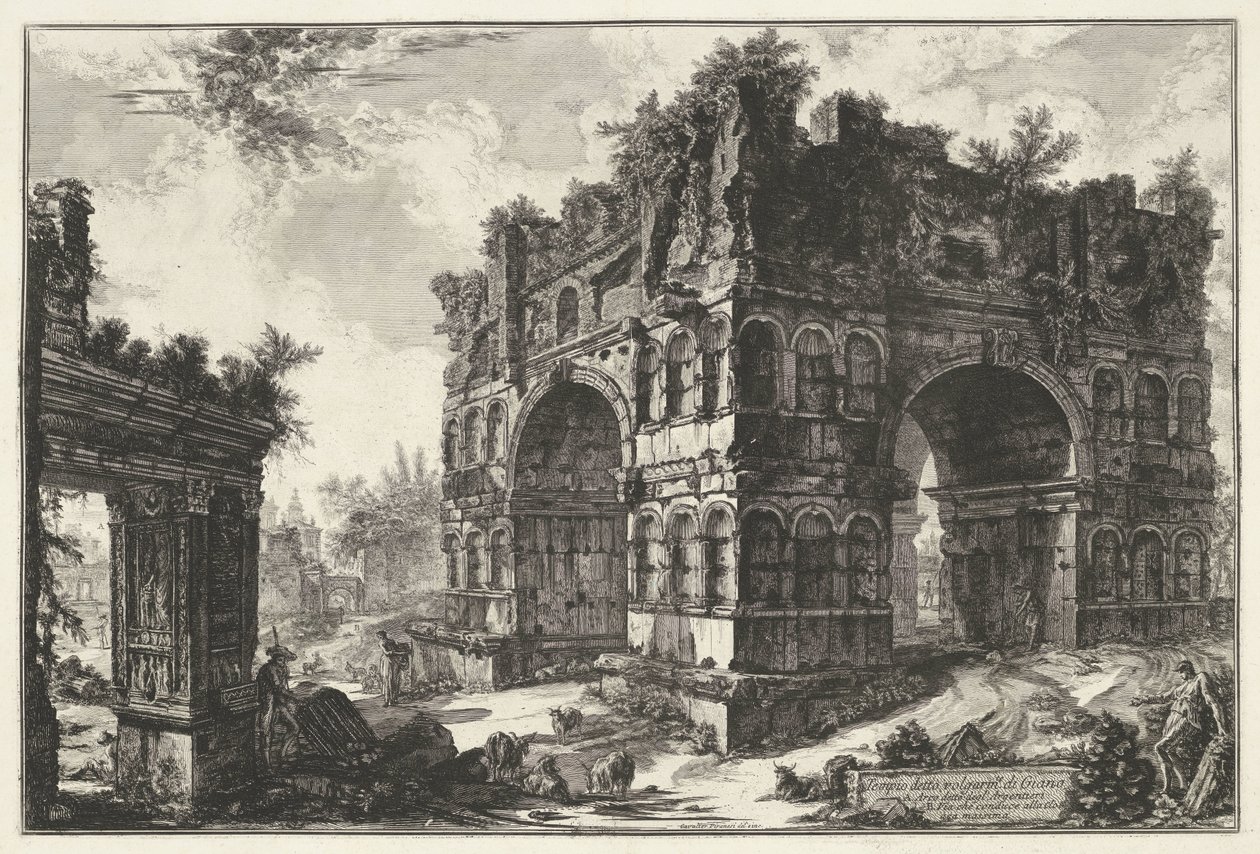 Boog van Janus és Boog van de geldwisselaars Rómában Volgarm.te di Giano nevű templom (cím a tárgyon) Gezichten op Rome (sorozat címe) Róma kilátásai, amelyeket Giambattista Piranesi építész, Ve (nez) iano tervezett és vésett (sorozat címe) alkotó: Giovanni Battista Piranesi