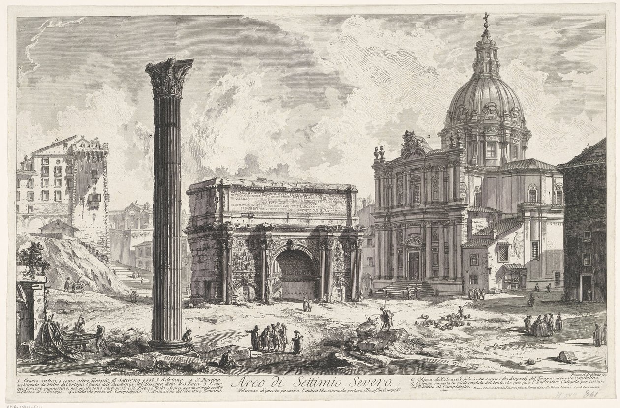 Boog van Septimius Severus a Forum Romanumban Septimius Sever boltíve (...) (cím az objektumon) Gezichten op Rome (sorozat címe) Róma látképei, amelyeket Giambattista Piranesi építész, Ve (nez) iano tervezett és vésett (sorozat címe) alkotó: Giovanni Battista Piranesi