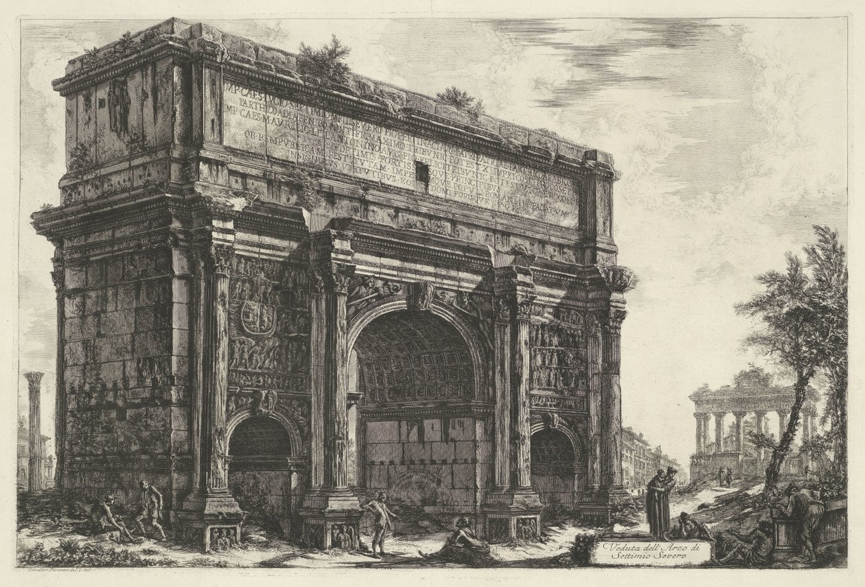 Boog van Septimius Severus Rómában Kilátás a Septimius Severus boltívére (cím az objektumon) Gezichten op Rome (sorozat címe) Róma látképei, amelyeket Giambattista Piranesi építész, Ve (nez) iano tervezett és vésett (sorozat címe) alkotó: Giovanni Battista Piranesi