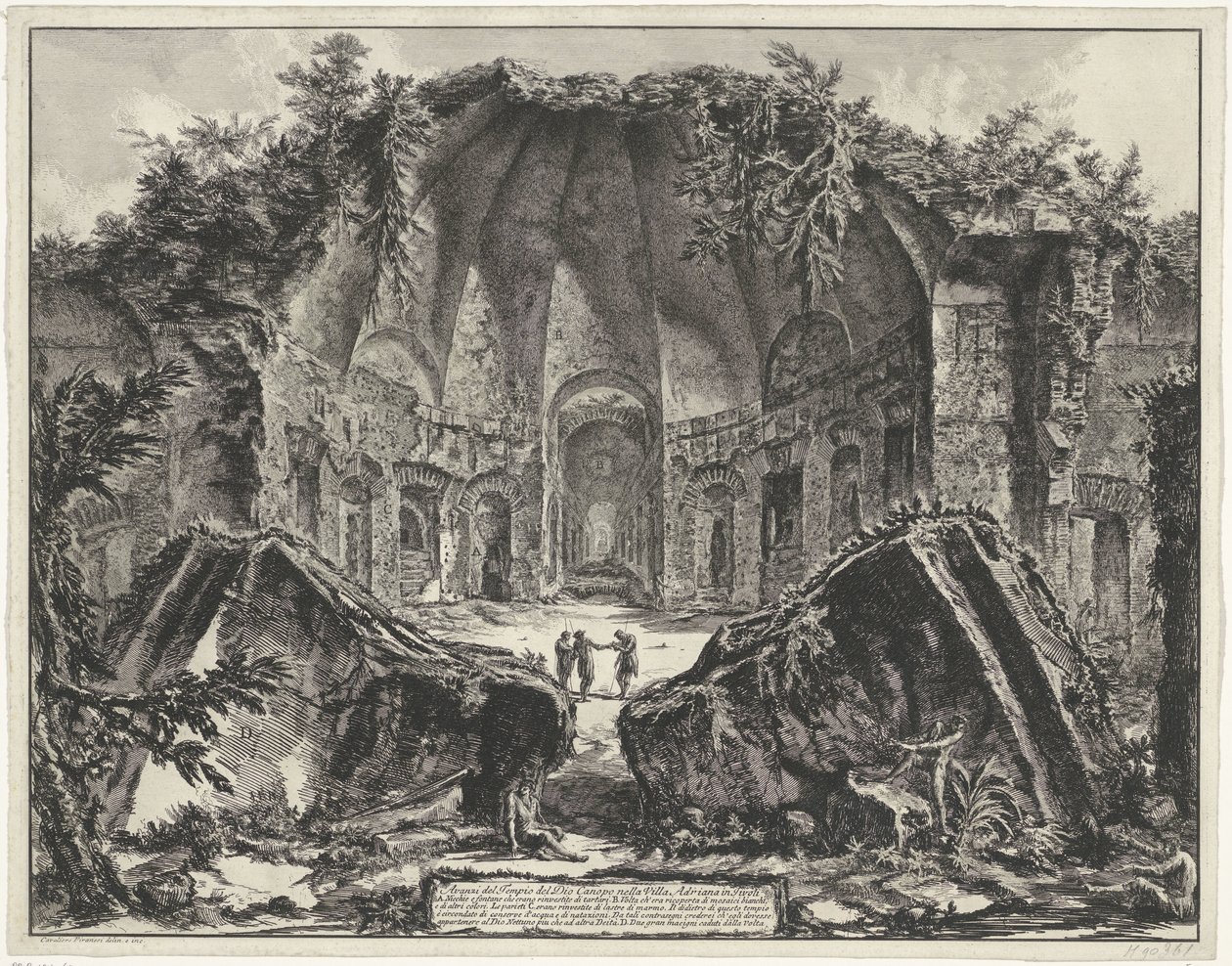 Canopus a Villa Adriana te Tivoliban A Canopic Isten templomának maradványai Hadrianus villájában Tivoliban (cím a tárgyon) Gezichten op Rome (sorozat címe) Róma látképeit Giambattista Piranesi építész, Ve(nez)iano rajzolta és vésette (sorozat címe) alkotó: Giovanni Battista Piranesi
