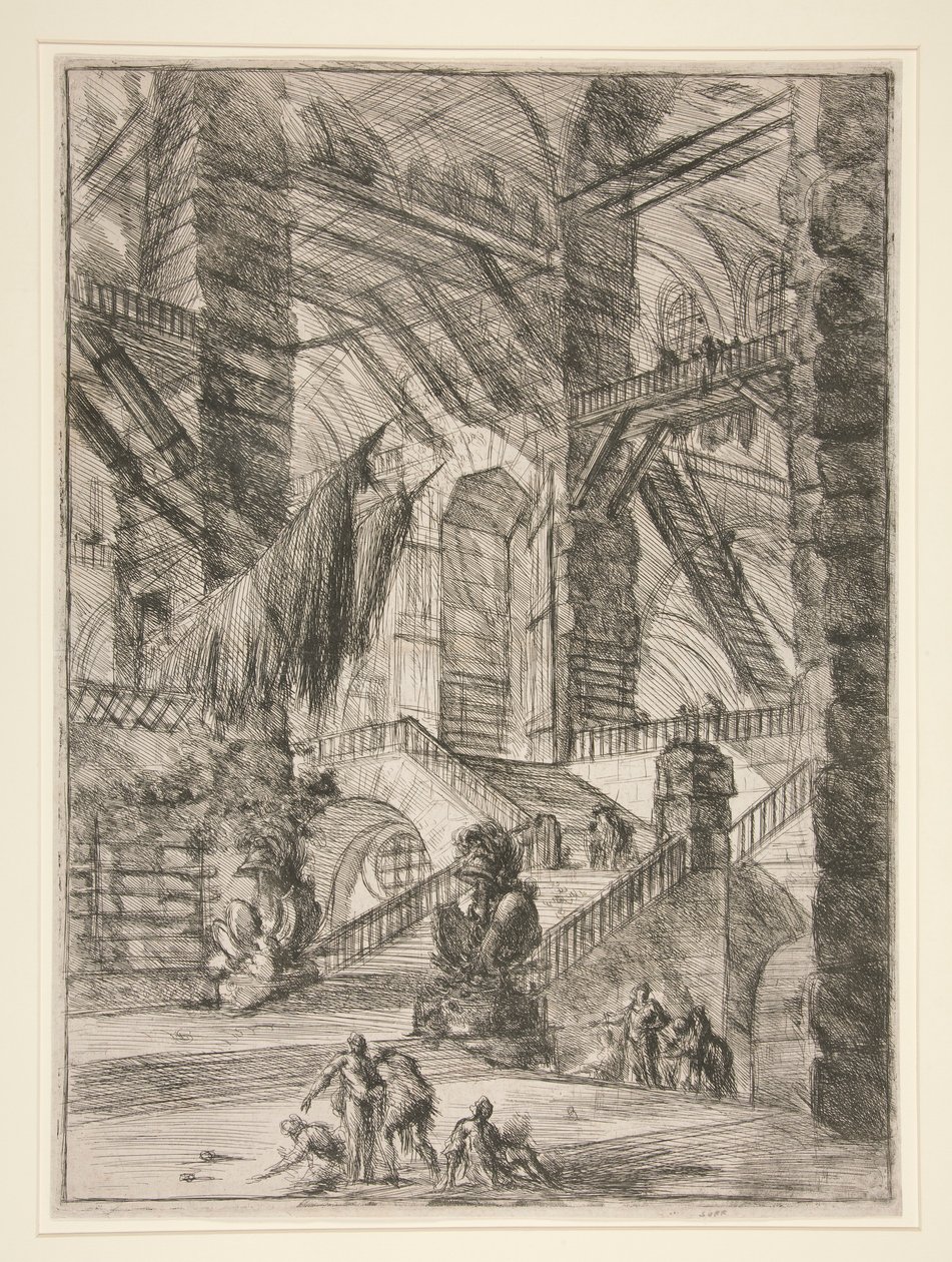 Carceri, VIII: A lépcsőház trófeákkal alkotó: Giovanni Battista Piranesi