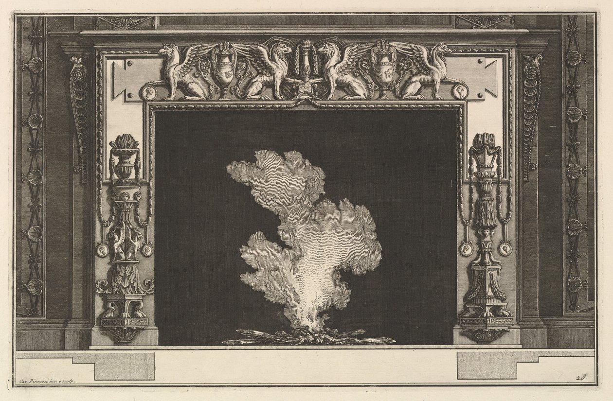 Kéménydarab: Sértett griffonok a szemöldökön és kandeláberek a korlátokon Ch. accomp..., kb. 1769. alkotó: Giovanni Battista Piranesi