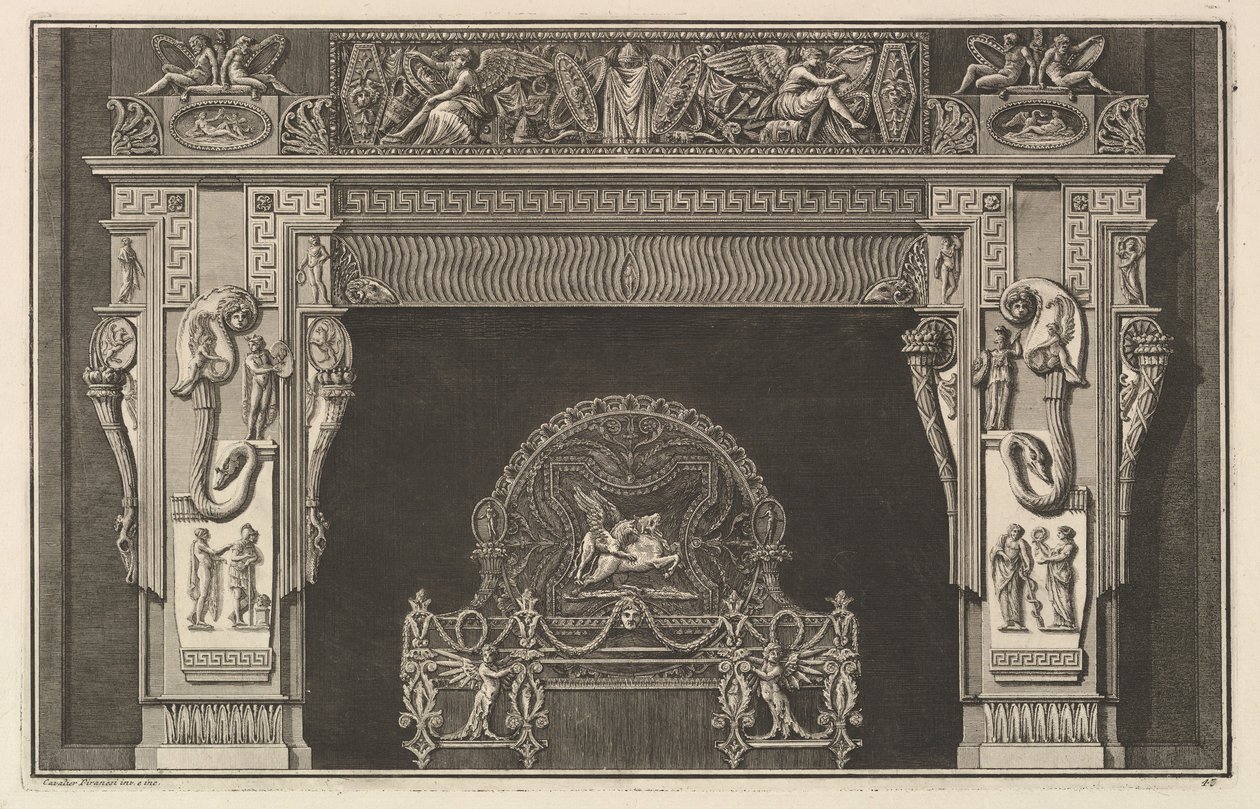 Kéménydarab: Trófeák fríze és szárnyas győzelmek a szemöldökön, bőségszarukkal ..., kb. 1769. alkotó: Giovanni Battista Piranesi