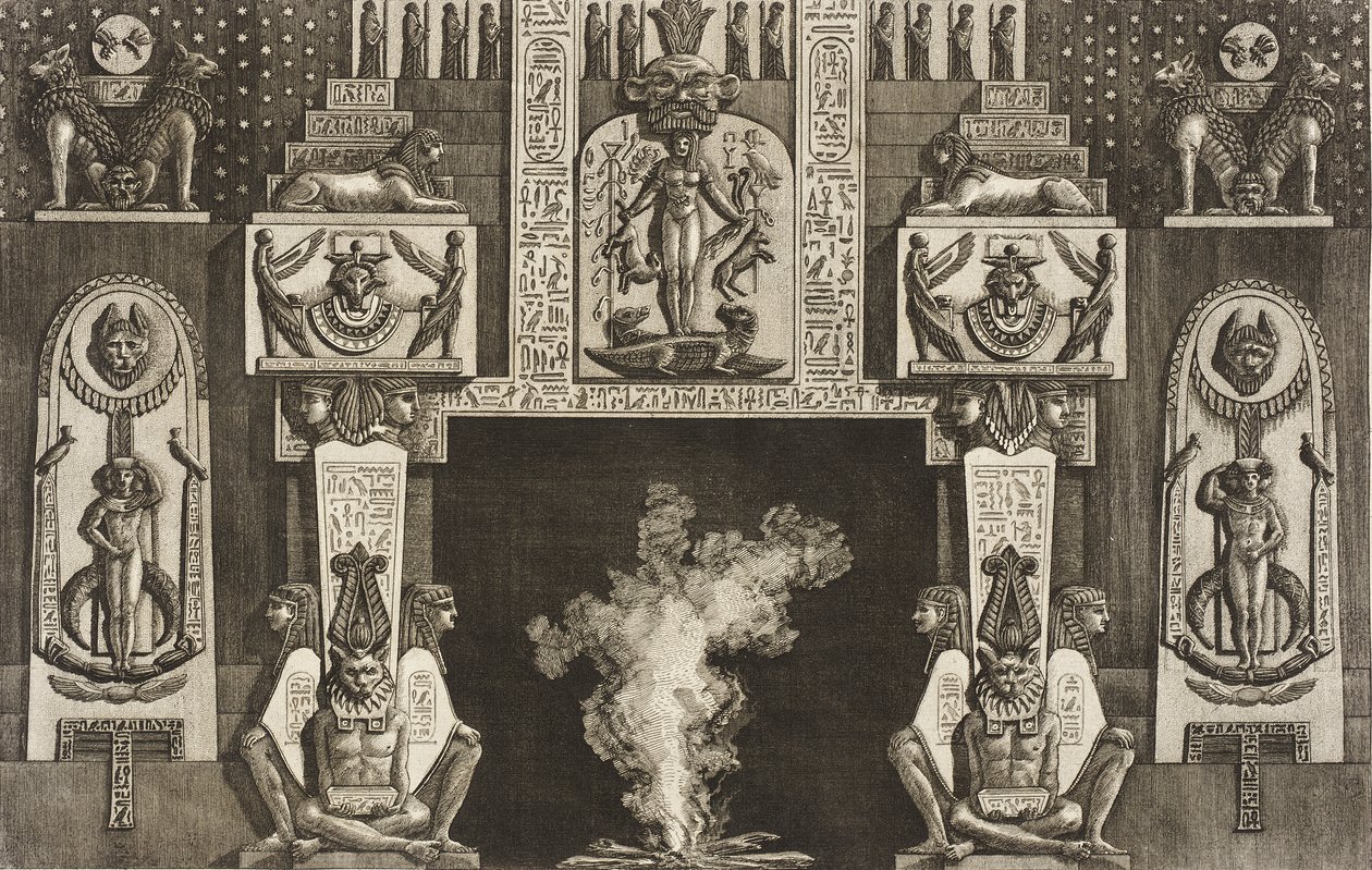 Egyiptomi stílusú kandalló: mindegyik ajtófélen három guggoló alakból álló csoport alkotó: Giovanni Battista Piranesi