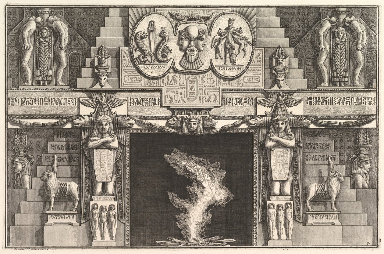 Kéménydarab egyiptomi stílusban: Három női aktból álló csoportok mindegyik j... alján, kb. 1769. alkotó: Giovanni Battista Piranesi