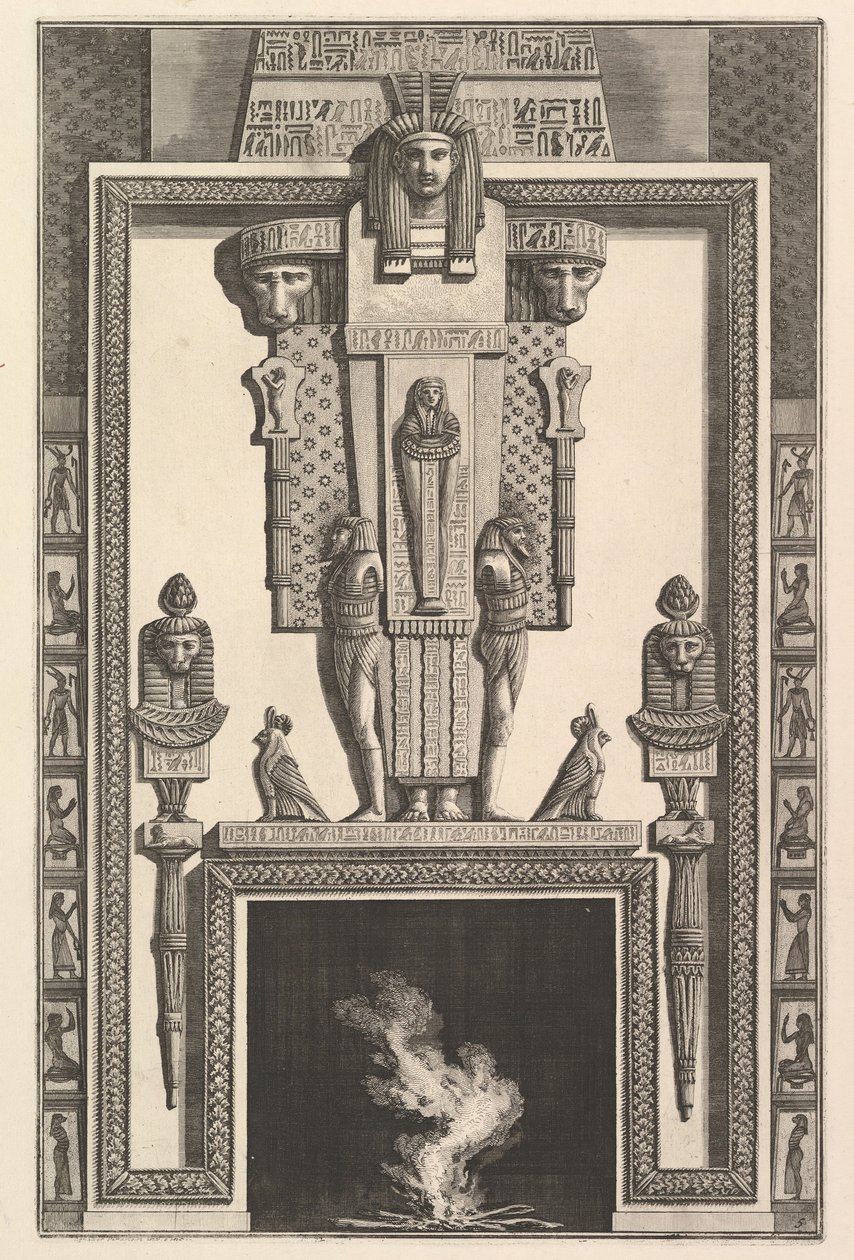 Egyiptomi stílusú kéménydarab: Múmia nagy kariatidára ráhelyezve a vonal felett..., 1769. alkotó: Giovanni Battista Piranesi