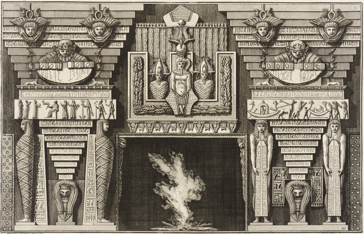 Egyiptomi stílusú kandalló: balra két profilból ábrázolt múmia, jobbra két obeliszkeket hordozó alak. alkotó: Giovanni Battista Piranesi