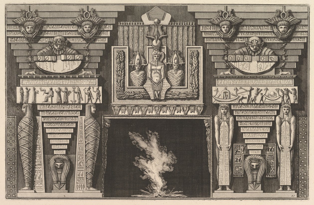Egyiptomi stílusú kémény: bal oldalon két profilú múmia és két figura..., kb. 1769. alkotó: Giovanni Battista Piranesi