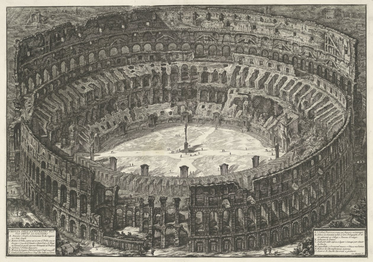 Colosseum Rómában Kilátás a Colosseumként ismert Flavius-amfiteátrumra (cím a tárgyon) Gezichten op Rome (sorozat címe) Róma látképei, amelyeket Giambattista Piranesi építész, Ve (nez) iano tervezett és vésett (sorozat címe) alkotó: Giovanni Battista Piranesi