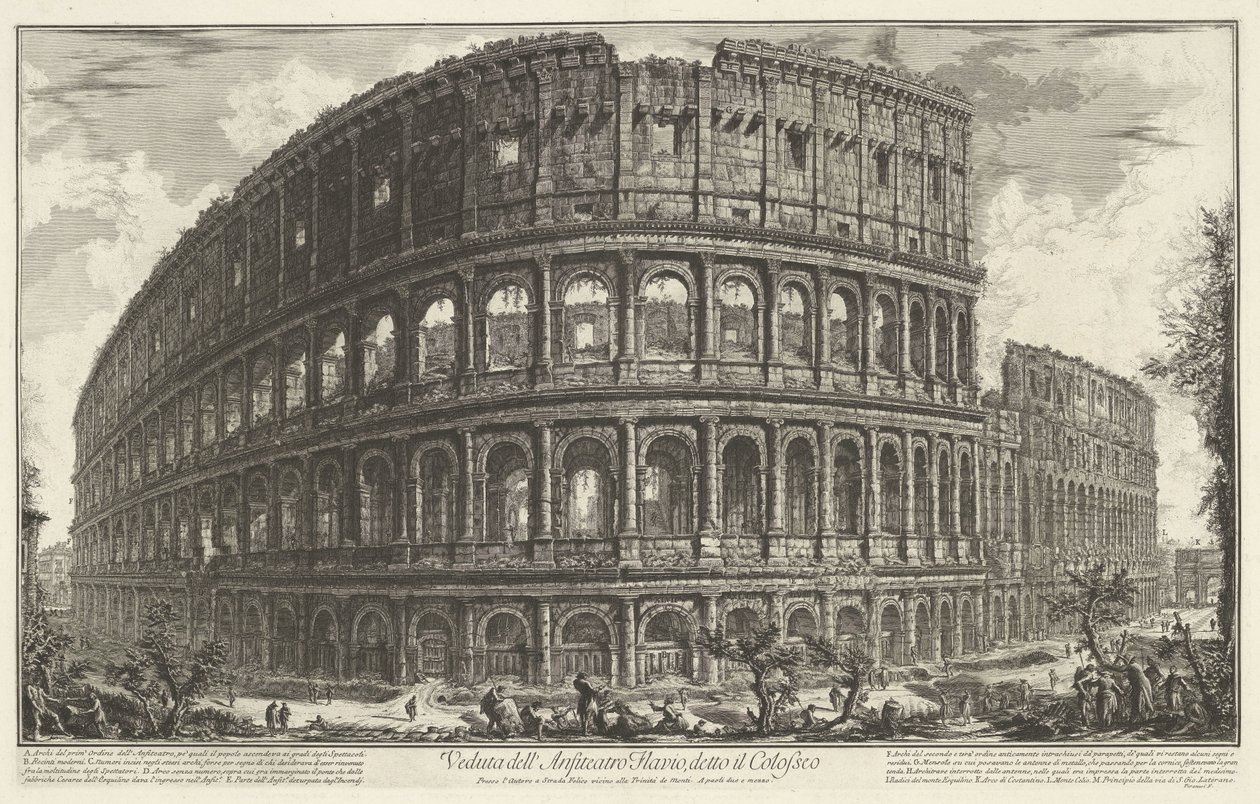 Colosseum Rómában Kilátás a Colosseumként ismert Flavius-amfiteátrumra (cím a tárgyon) Gezichten op Rome (sorozat címe) Róma kilátásai, amelyeket Giambattista Piranesi építész, Ve (nez) iano tervezett és vésett (sorozat címe) alkotó: Giovanni Battista Piranesi