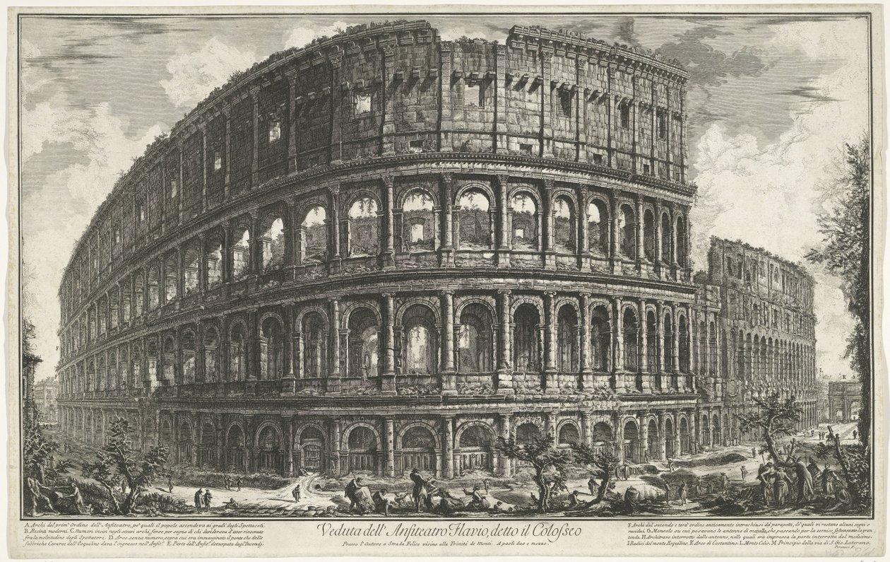 Colosseum Rómában Kilátás a Colosseumként ismert Flavius-amfiteátrumra (cím a tárgyon) Gezichten op Rome (sorozat címe) Róma látképei, amelyeket Giambattista Piranesi építész, Ve (nez) iano tervezett és vésett (sorozat címe) alkotó: Giovanni Battista Piranesi