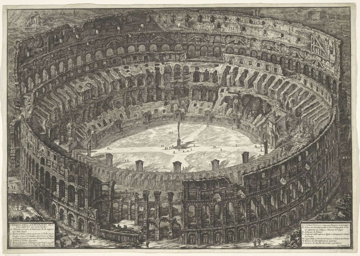 Colosseum Rómában Kilátás a Colosseumként ismert Flavius-amfiteátrumra (cím a tárgyon) Gezichten op Rome (sorozat címe) Róma látképei, amelyeket Giambattista Piranesi építész, Ve (nez) iano tervezett és vésett (sorozat címe) alkotó: Giovanni Battista Piranesi