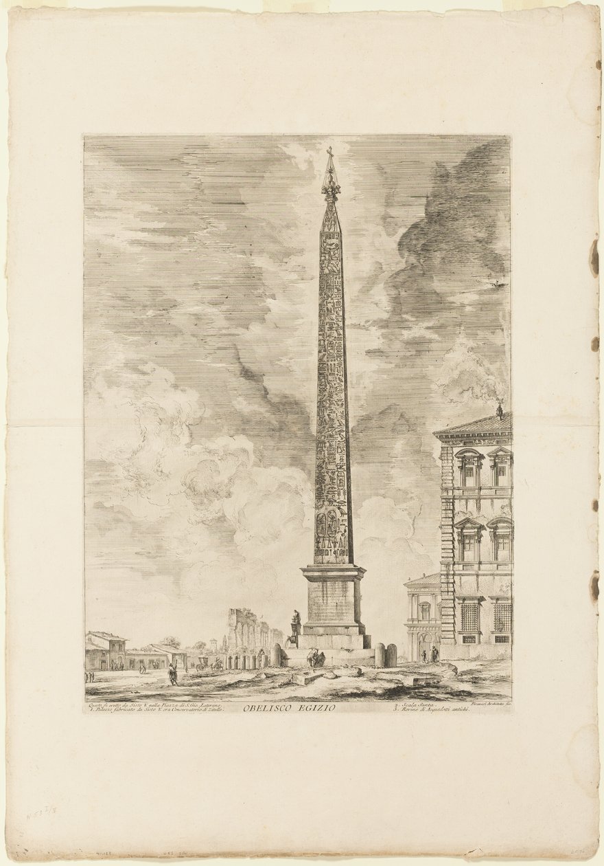 Egyiptomi obeliszk. Ezt V. Sixtus pápa állította a Lateráni Szent János téren, a Római kilátásból alkotó: Giovanni Battista Piranesi
