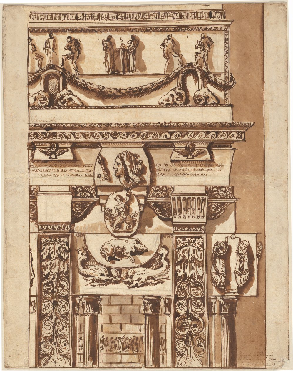 Fantázia egy homlokzatról bizarr díszekkel alkotó: Giovanni Battista Piranesi