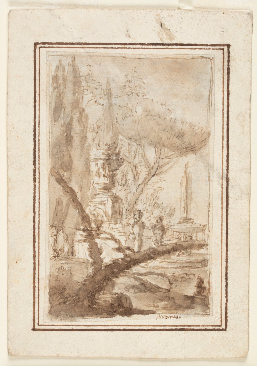 Fantázia egy kertről monumentális urnával, szobrokkal és szökőkúttal alkotó: Giovanni Battista Piranesi