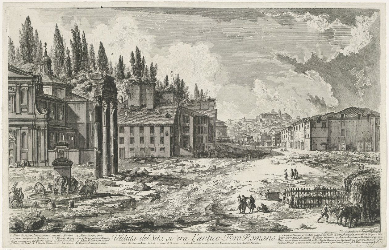 Forum Romanum met de Tempel van Jupiter Stator Rómában Kilátás a helyszínre, ahol az ókori Forum Romanum volt (cím a tárgyon) Gezichten op Rome (sorozat címe) Róma látképeit Giambattista Piranesi építész, Ve(nez)iano rajzolta és vésette (sorozat címe) alkotó: Giovanni Battista Piranesi