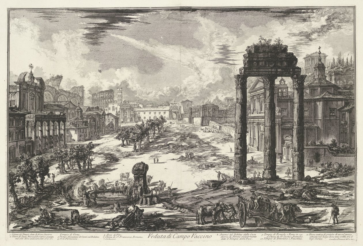 Forum Romanum te Rome Kilátás a Campo Vaccino-ra (cím a tárgyon) Gezichten op Rome (sorozat címe) Róma látképei, amelyeket Giambattista Piranesi építész, Ve (nez) iano tervezett és vésett (sorozat címe) alkotó: Giovanni Battista Piranesi
