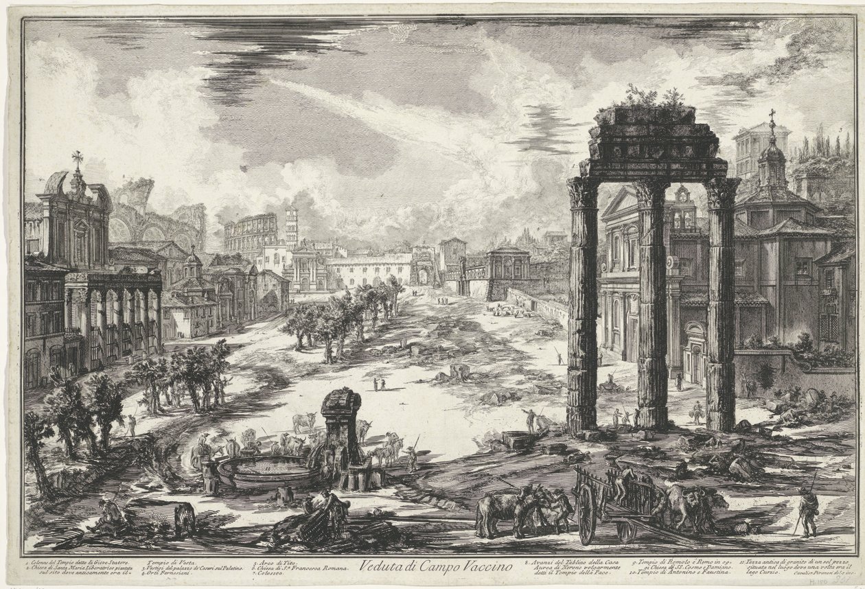 Forum Romanum te Rome Kilátás a Campo Vaccino-ra (cím a tárgyon) Gezichten op Rome (sorozat címe) Róma kilátásai, amelyeket Giambattista Piranesi építész, Ve (nez) iano tervezett és vésett (sorozat címe) alkotó: Giovanni Battista Piranesi