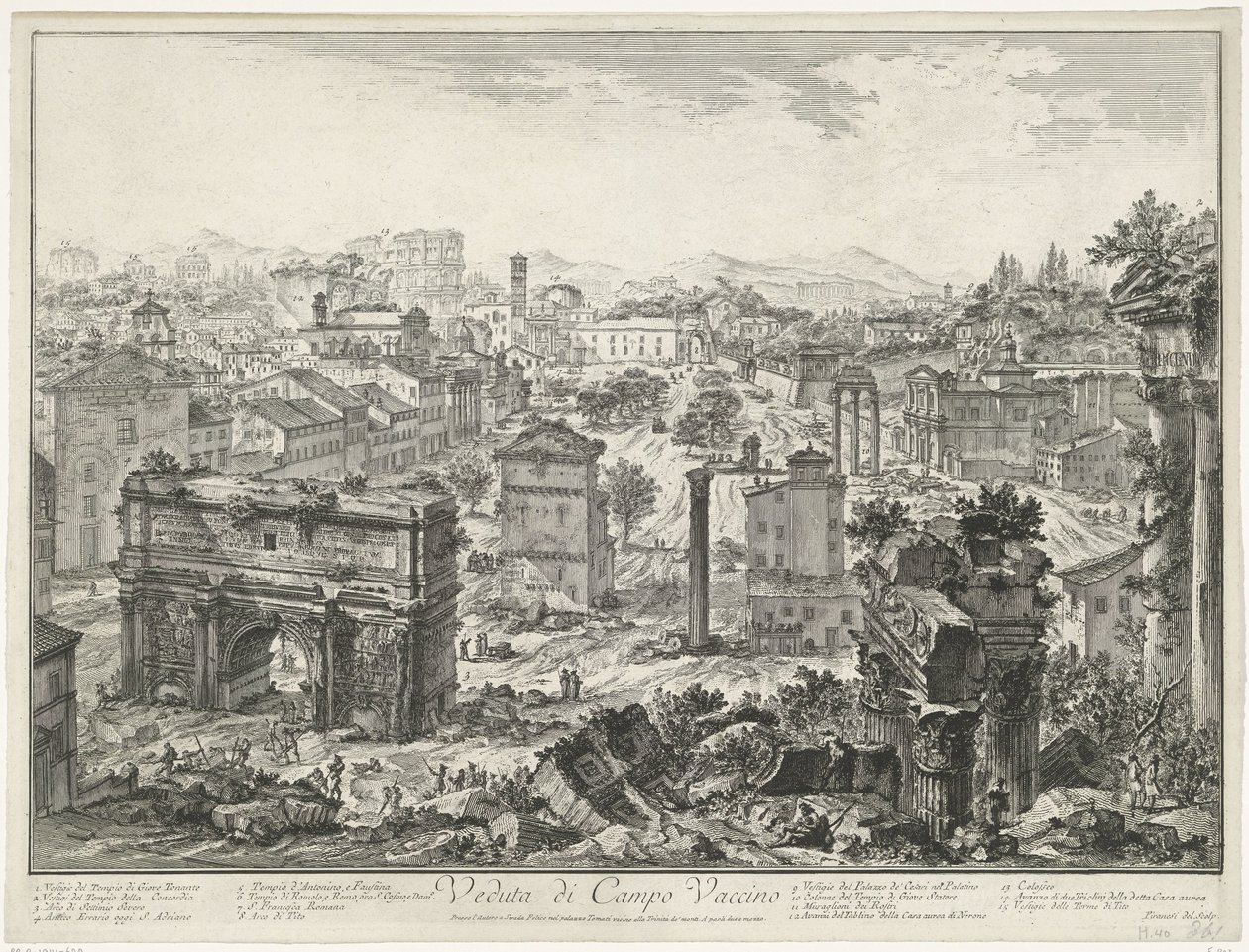 Forum Romanum te Rome Kilátás a Campo Vaccino-ra (cím a tárgyon) Gezichten op Rome (sorozat címe) Róma látképeit Giambattista Piranesi építész, Ve(nez)iano rajzolta és vésette (sorozat címe) alkotó: Giovanni Battista Piranesi